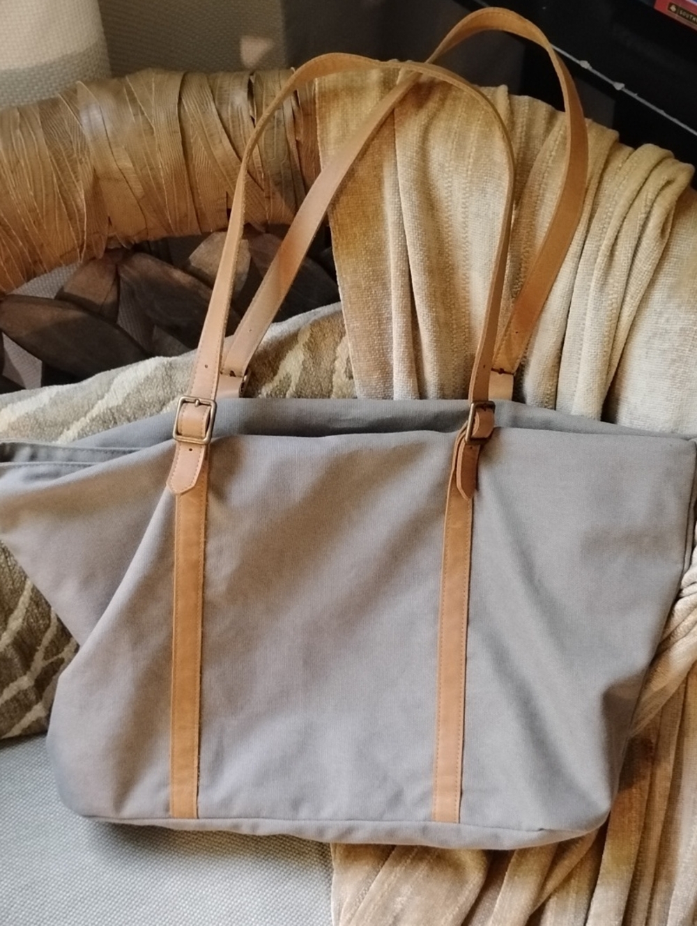 Canvas Tote Bag with Tan Leather Straps - Unisex